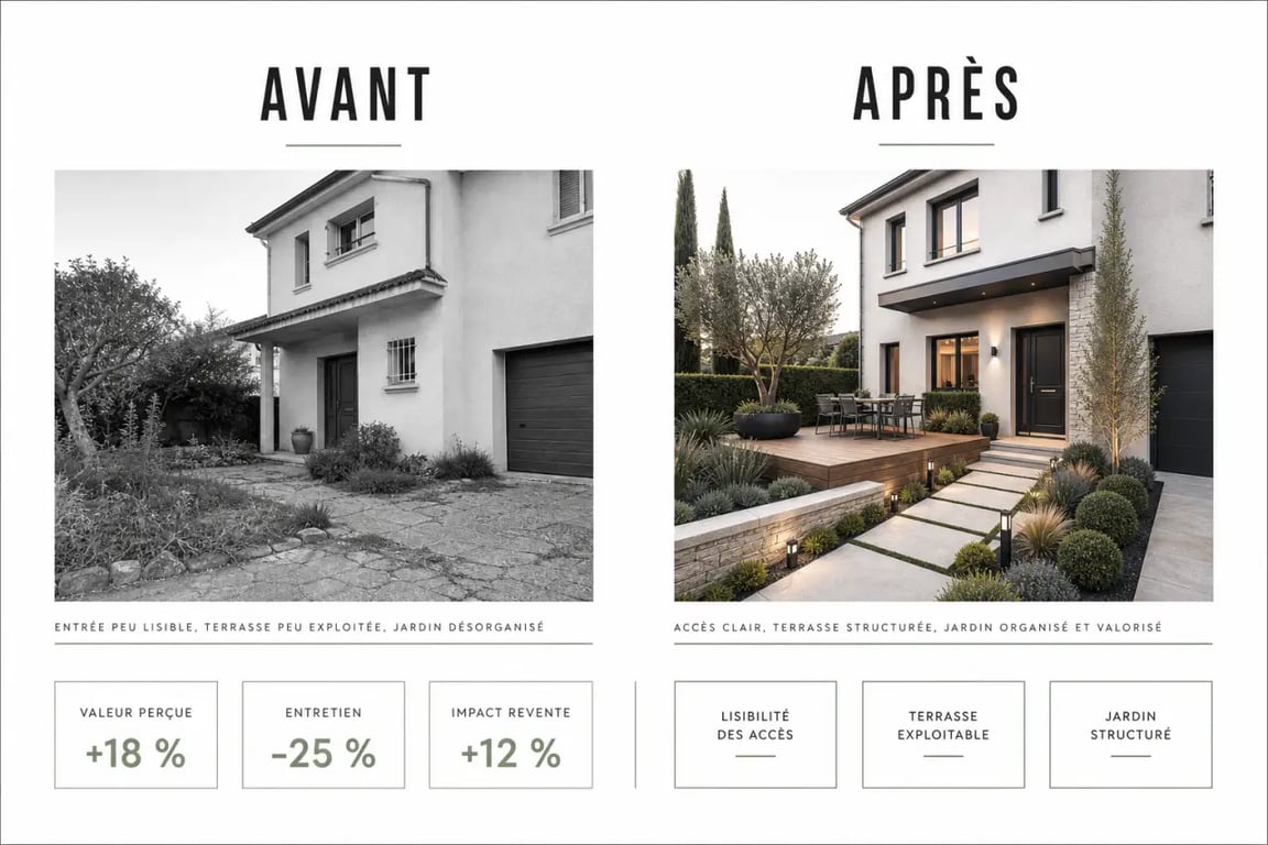 Valoriser son bien immobilier grâce à un aménagement extérieur réussi avec comparaison avant/après d’une terrasse et d’un jardin