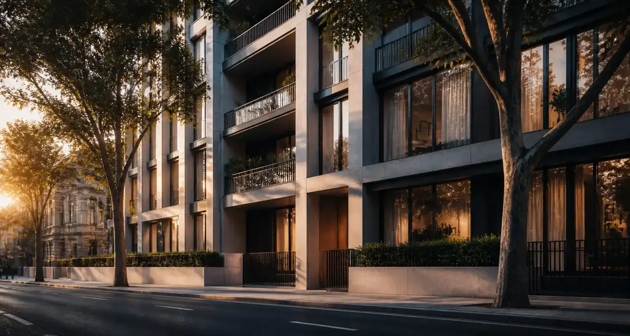 Immeuble contemporain baigné de lumière dorée, symbole du marché immobilier analysé par Ton Expert Immo