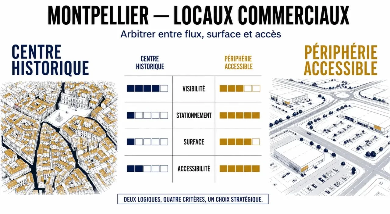Local commercial Montpellier : comparaison visuelle entre centre-ville et périphérie