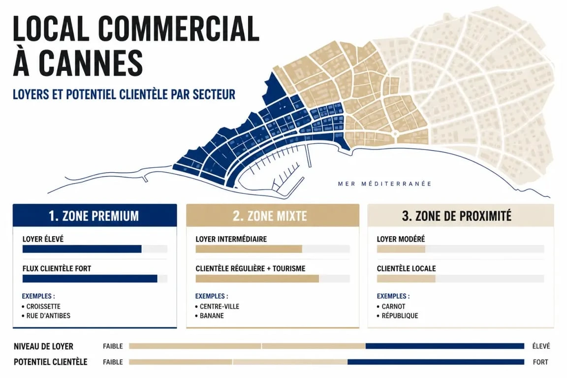 Local commercial Cannes : comparaison visuelle des quartiers et des niveaux de loyer