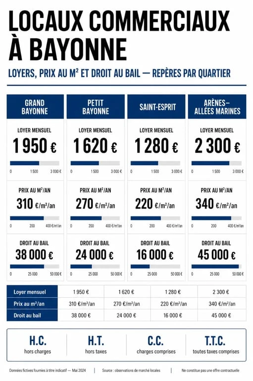 Infographie sur local commercial bayonne avec loyers, prix au m²/an, droit au bail et quartiers