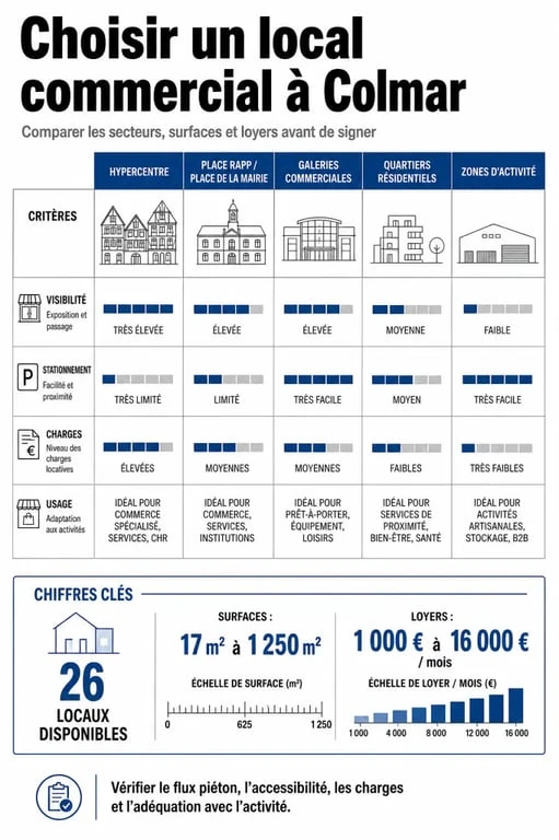 Local commercial colmar : comparaison des quartiers, surfaces et loyers à Colmar