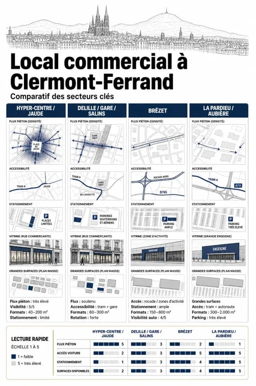 Comparatif des secteurs pour local commercial Clermont-Ferrand entre centre-ville, Jaude, Brézet et La Pardieu