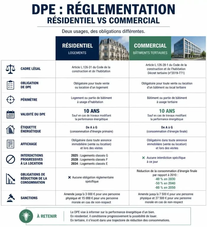 Tableau comparatif des obligations DPE entre logement et local commercial