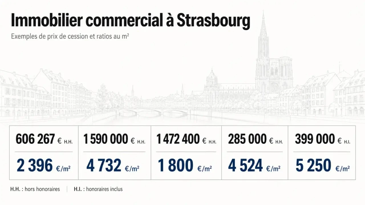 Local commercial Strasbourg : synthèse visuelle des prix au m² et des repères H.H. et H.I.