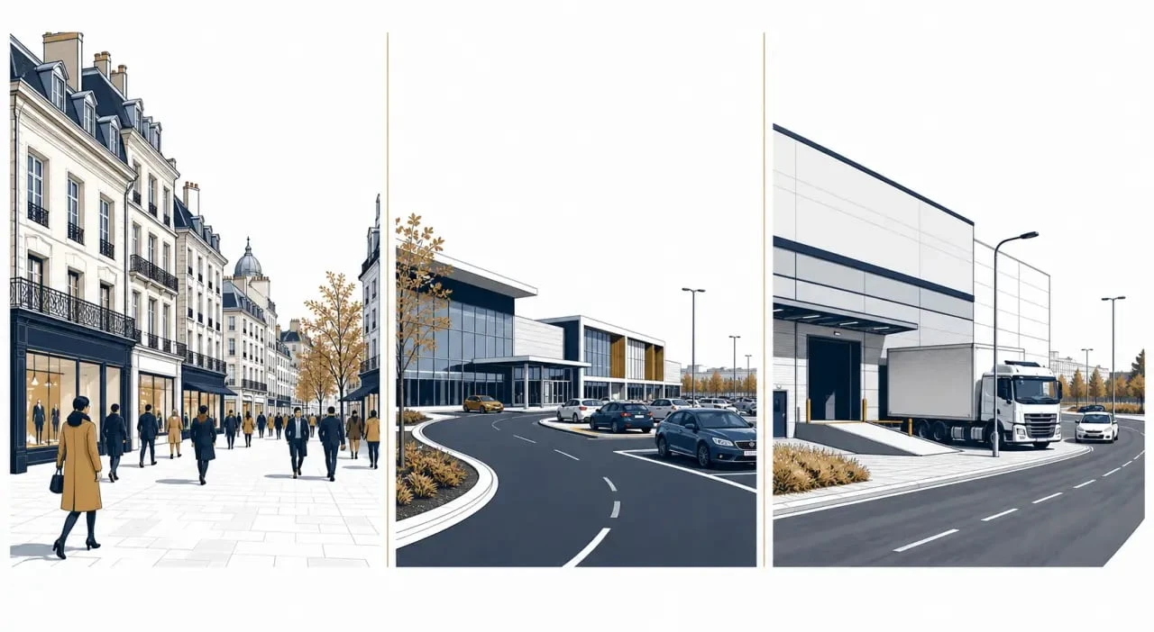 Local commercial Dijon : comparaison visuelle entre centre-ville, zone commerciale et périphérie
