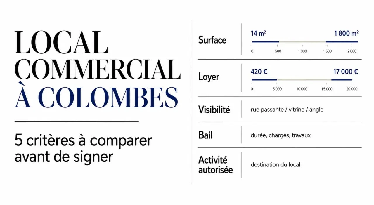 Local commercial Colombes : graphique éditorial comparant surface, loyer et critères de choix