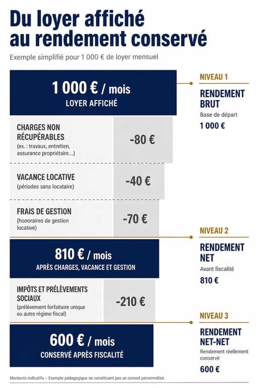 Optimiser son rendement locatif grâce à l'investissement immobilier délégué : schéma du passage du loyer brut au rendement net-net