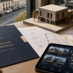 Immobilier entreprise Bretagne : dossier sur bureau avec plan et carte de biens