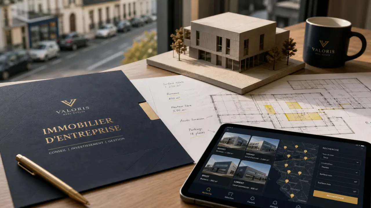 Immobilier entreprise Bretagne : dossier sur bureau avec plan et carte de biens