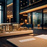Immobilier tertiaire : maquette bureaux et salle de réunion moderne