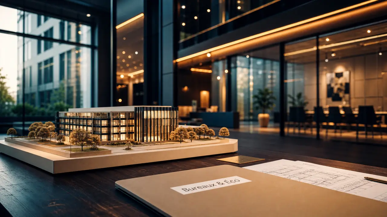 Immobilier tertiaire : maquette bureaux et salle de réunion moderne