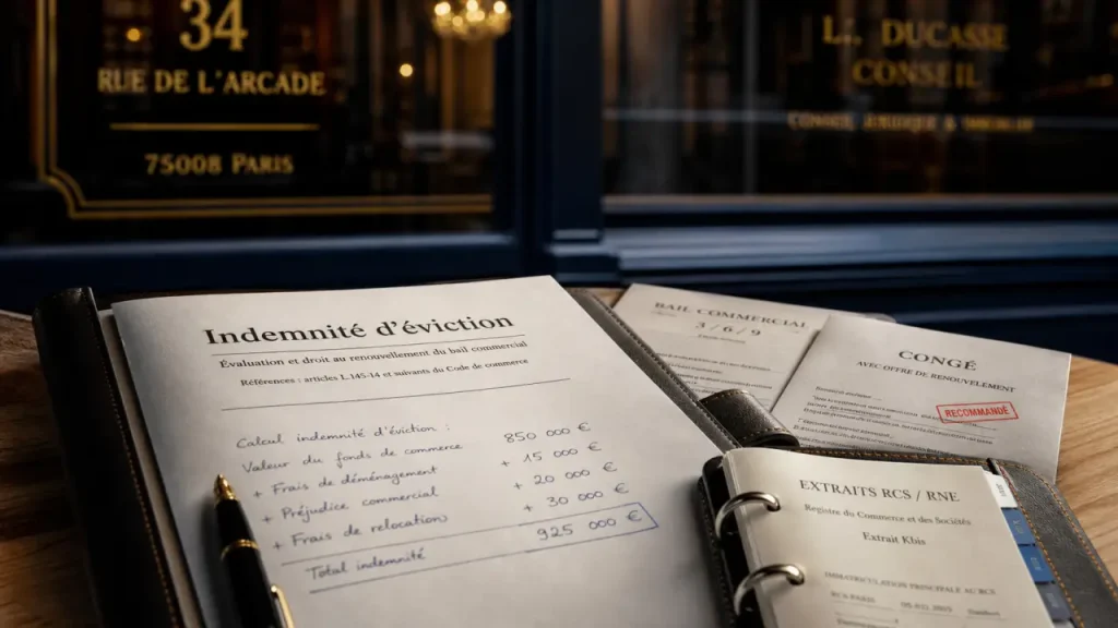 Indemnité d'éviction bail commercial : dossier et documents de bail sur table
