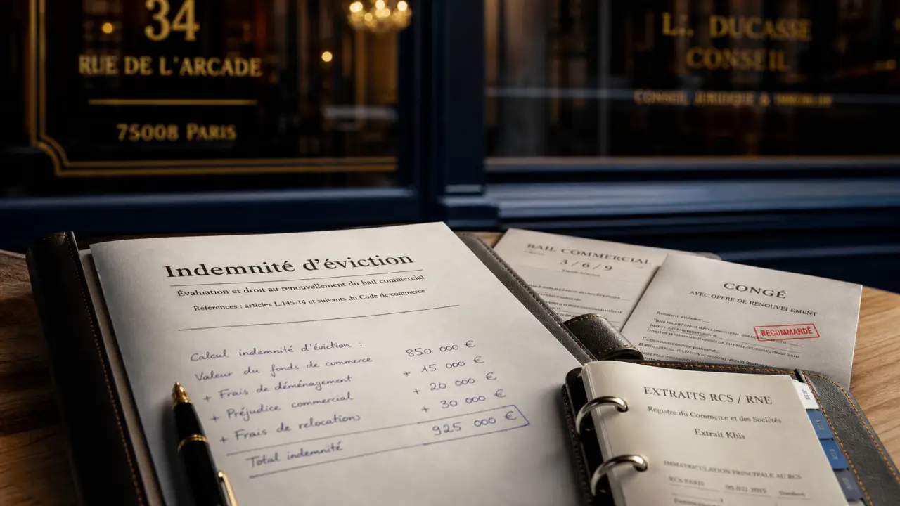 Indemnité d'éviction bail commercial : dossier et documents de bail sur table