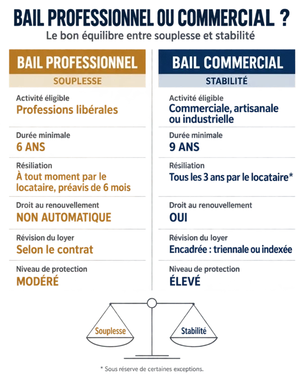 Infographie comparative du bail professionnel ou commercial selon l’activité, la durée et le renouvellement
