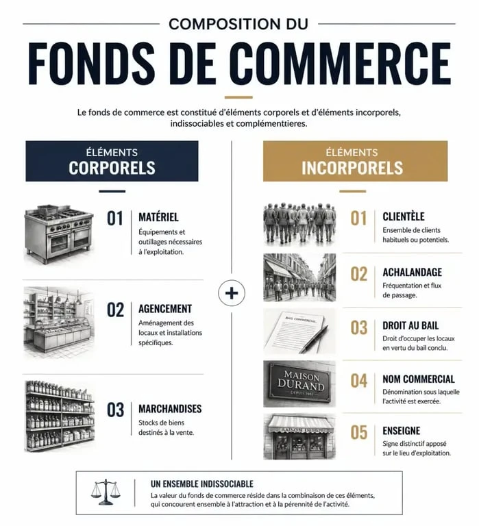 Schéma de la définition du fonds de commerce avec ses éléments corporels et incorporels