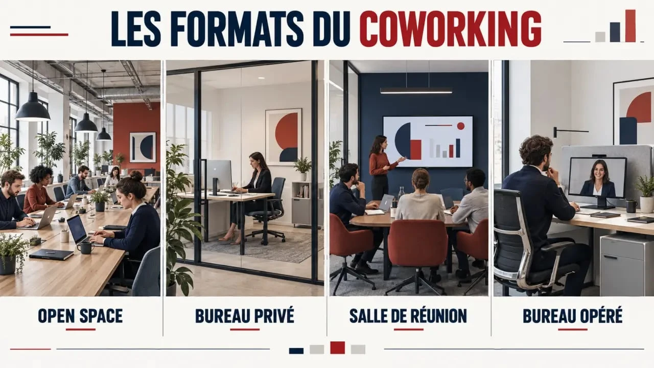 Esapce coworking : illustration des formats open space, bureau privé, salle de réunion et bureau opéré