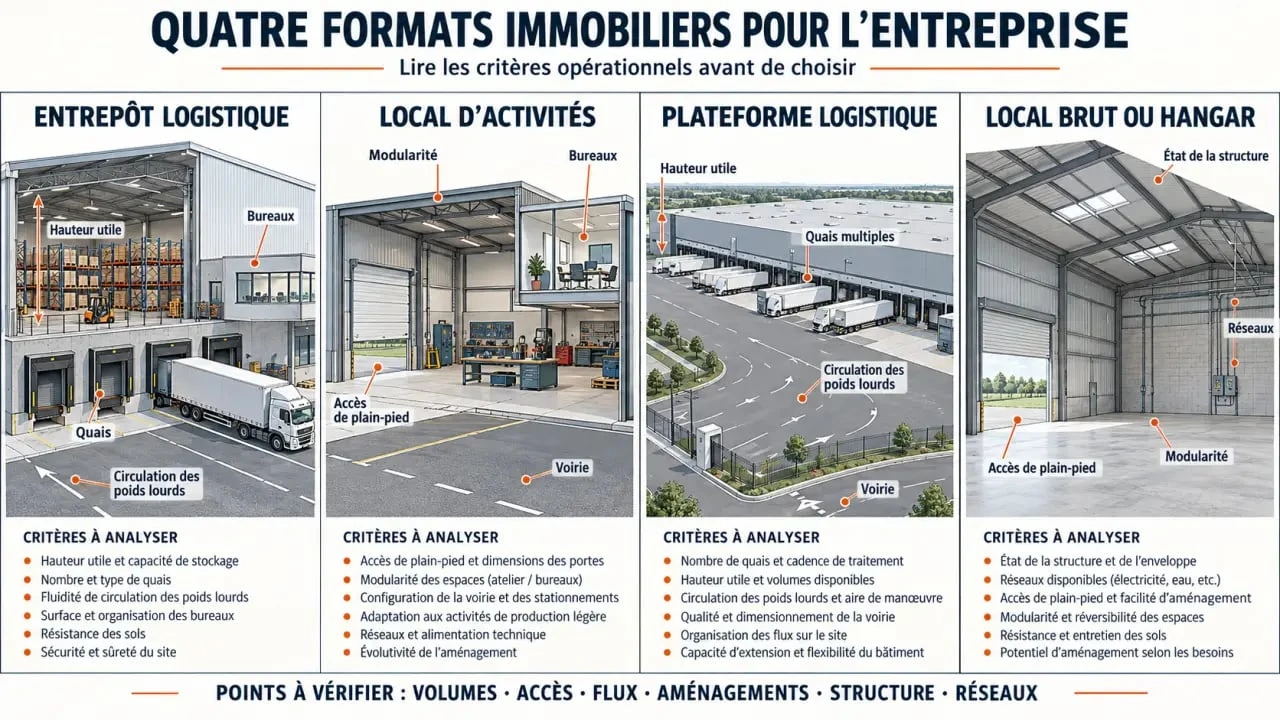 Infographie pour choisir un entrepôt à vendre selon le type de bien et les critères logistiques