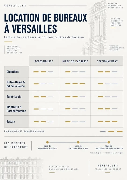 Location bureaux Versailles : secteurs, gares et critères pour choisir un quartier