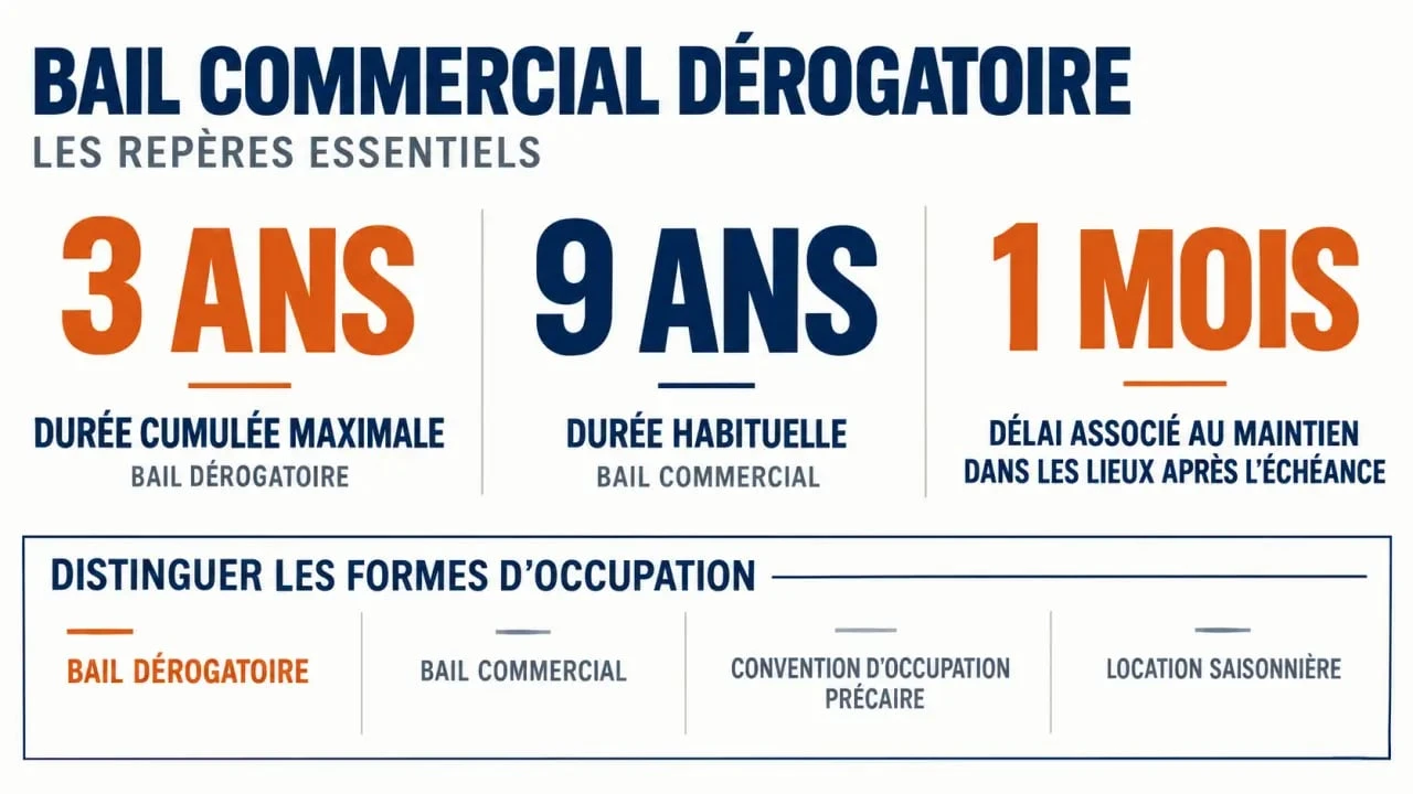 Infographie sur le bail commercial dérogatoire et ses durées clés