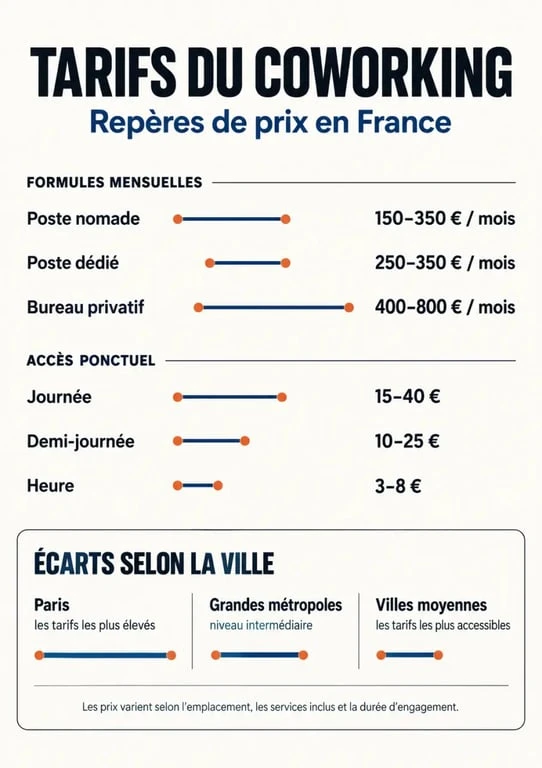 Infographie sur le tarif coworking selon la formule et la ville