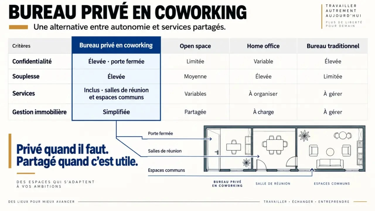 Infographie comparative sur le bureau privé en coworking, l’open space, le home office et le bureau traditionnel