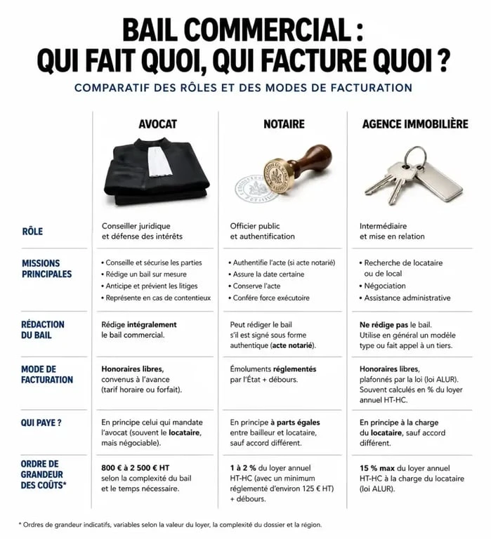 Comparatif des honoraires de rédaction d'un bail commercial entre avocat, notaire et agence immobilière.