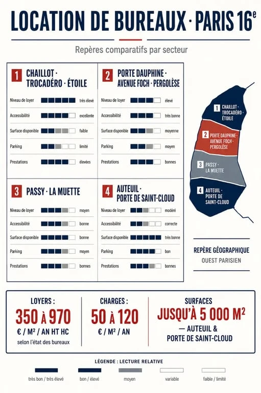 Infographie comparative des secteurs pour une location de bureaux à Paris 16