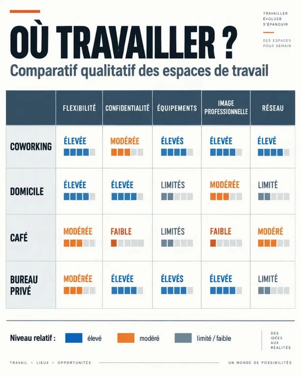 Infographie sur les avantages coworking comparés au domicile, au café et au bureau privé