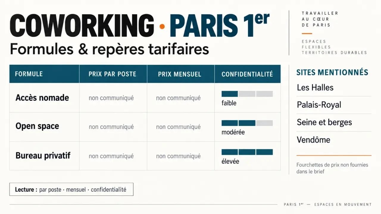 Coworking Paris 1 : infographie des formules et tarifs par poste
