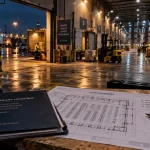 Entrepôt à vendre : plan et quai logistique avec porte ouverte