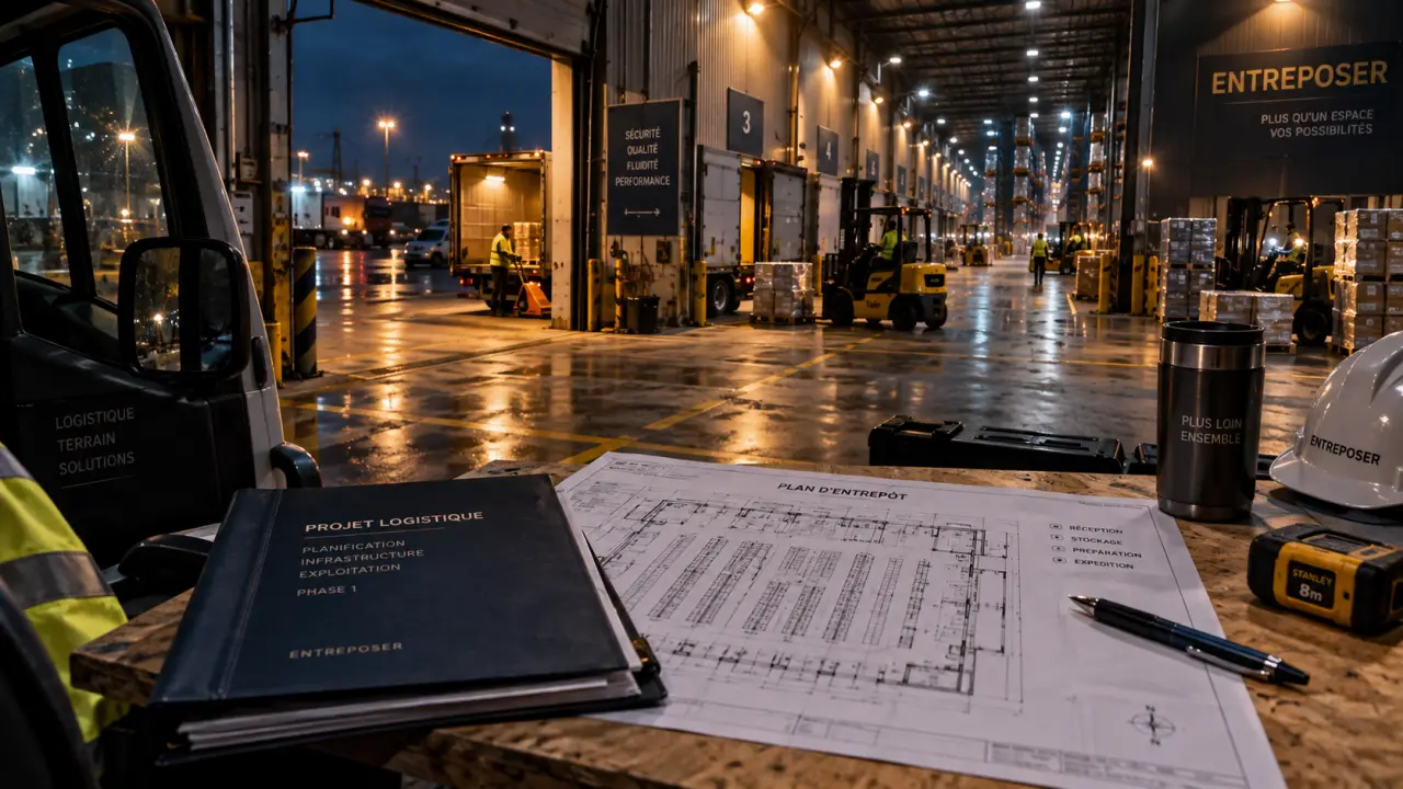 Entrepôt à vendre : plan et quai logistique avec porte ouverte