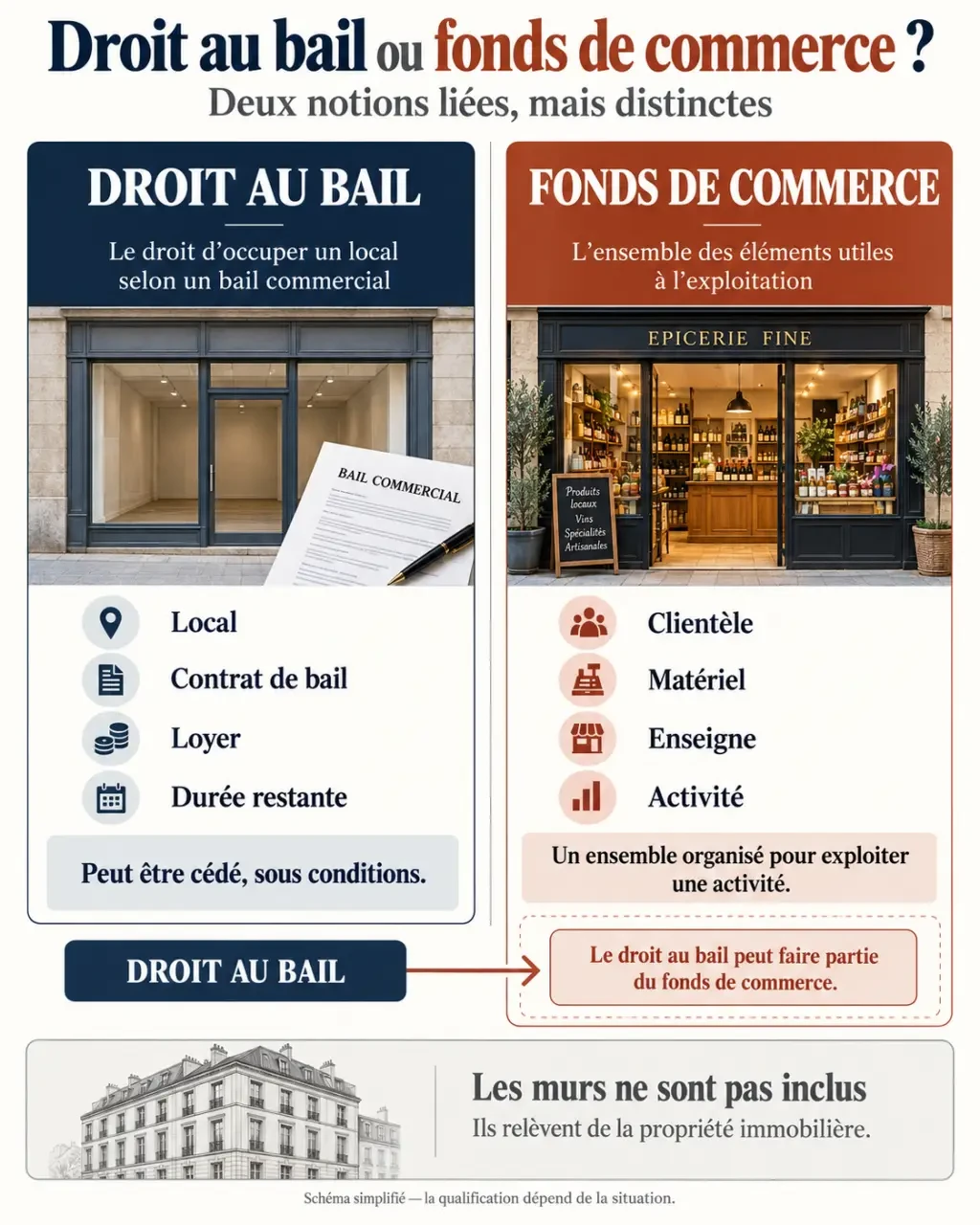 Infographie comparant un fond de commerce et un droit au bail