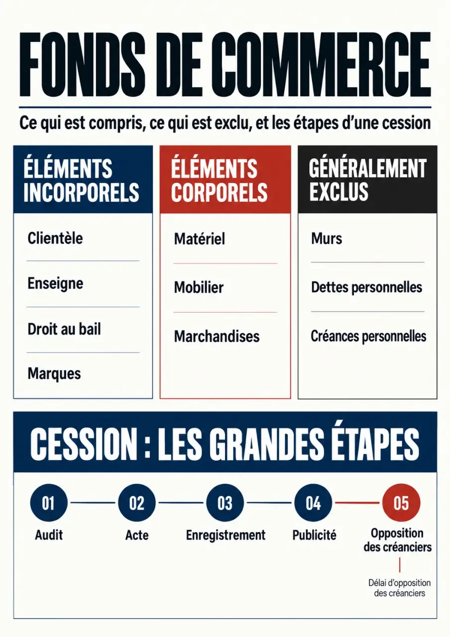Infographie sur la composition et la cession d’un fonds de commerce