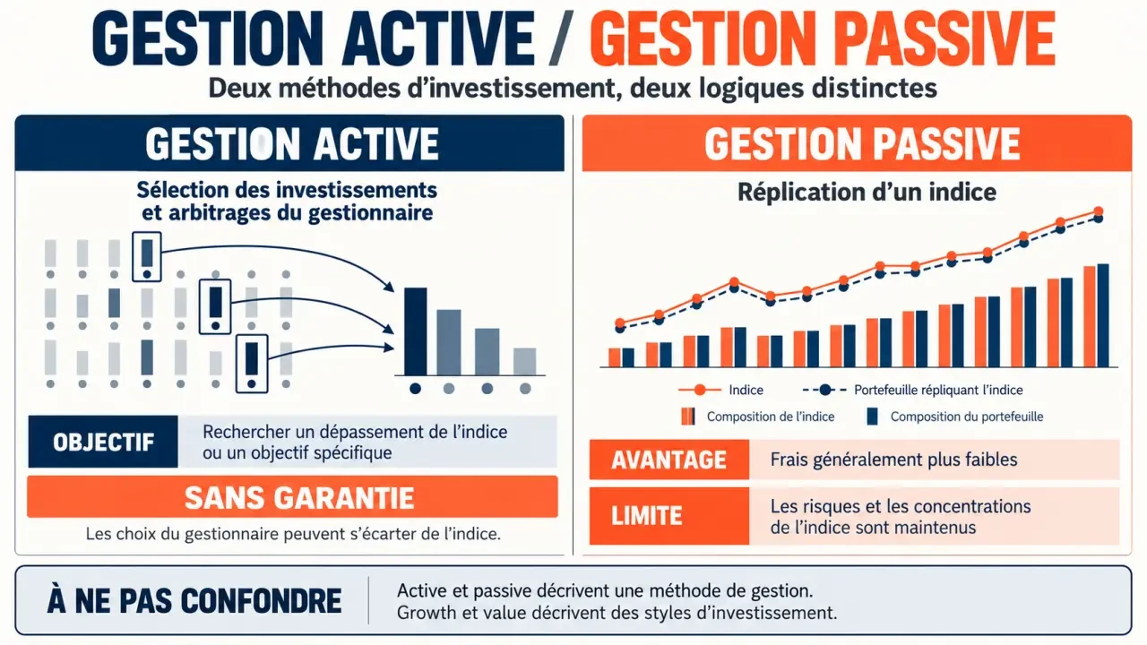 Infographie comparative de la gestion active et passive en gestion des actifs