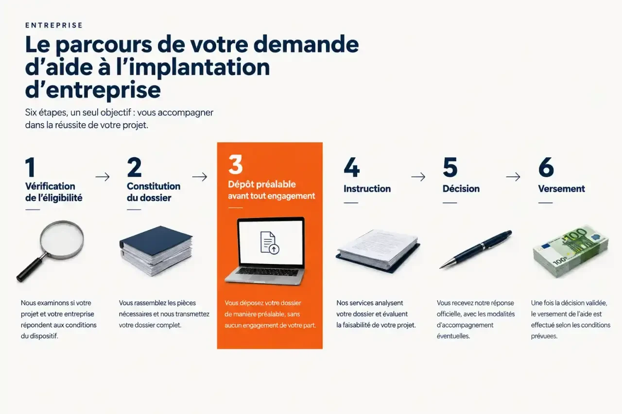 Étapes pour obtenir une aide à l'implantation d'entreprise : de la vérification d'éligibilité au versement, avec dépôt préalable obligatoire