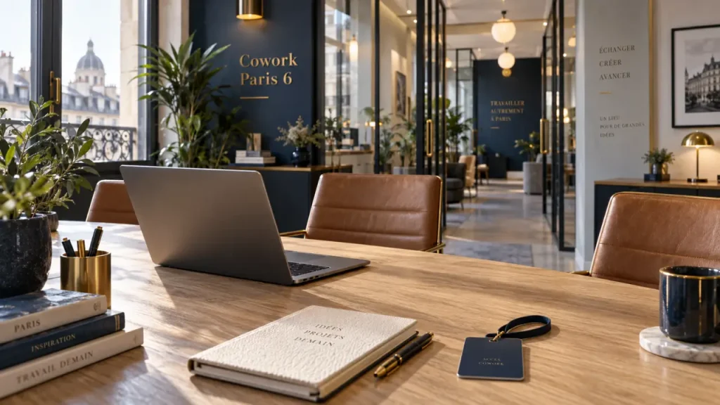 Espace coworking paris 6 au calme, table bureau et lumière naturelle